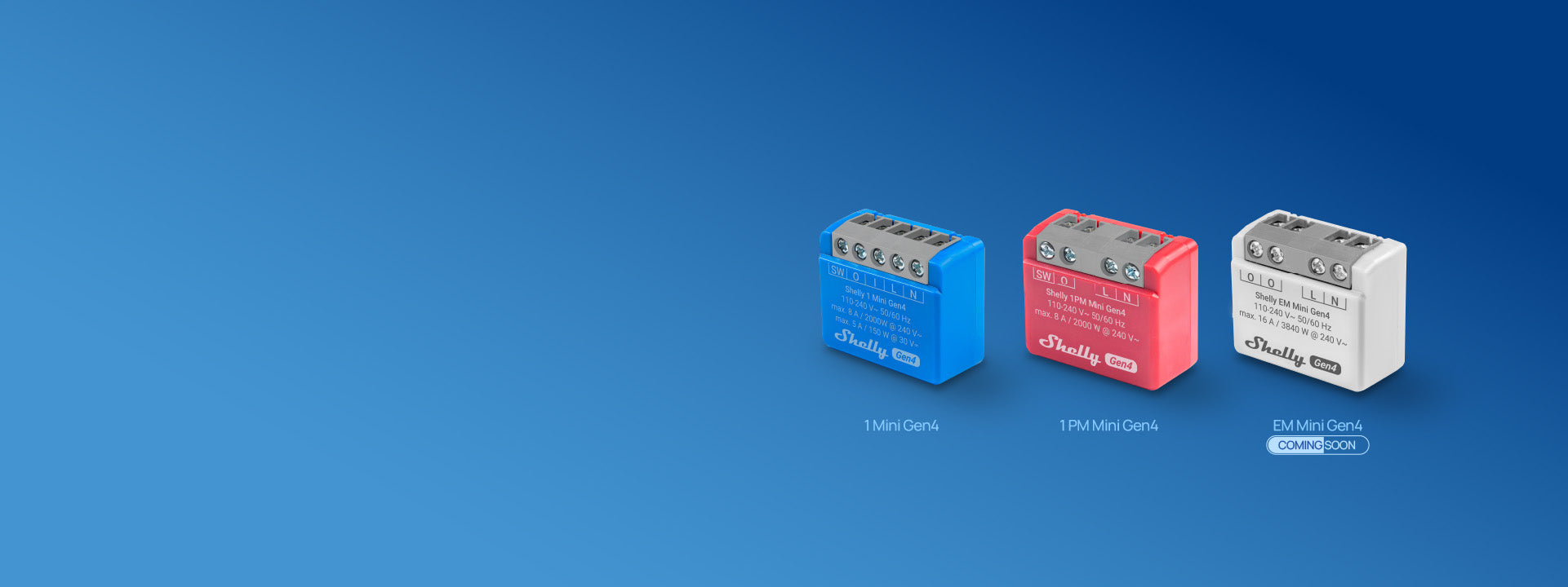 Three small rectangular devices—blue, red, and white—labeled “Shelly” are displayed on a blue gradient background, identified as 1Mini Gen3, 1PMMini Gen3, and EM Mini Gen3 (COMING SOON).
