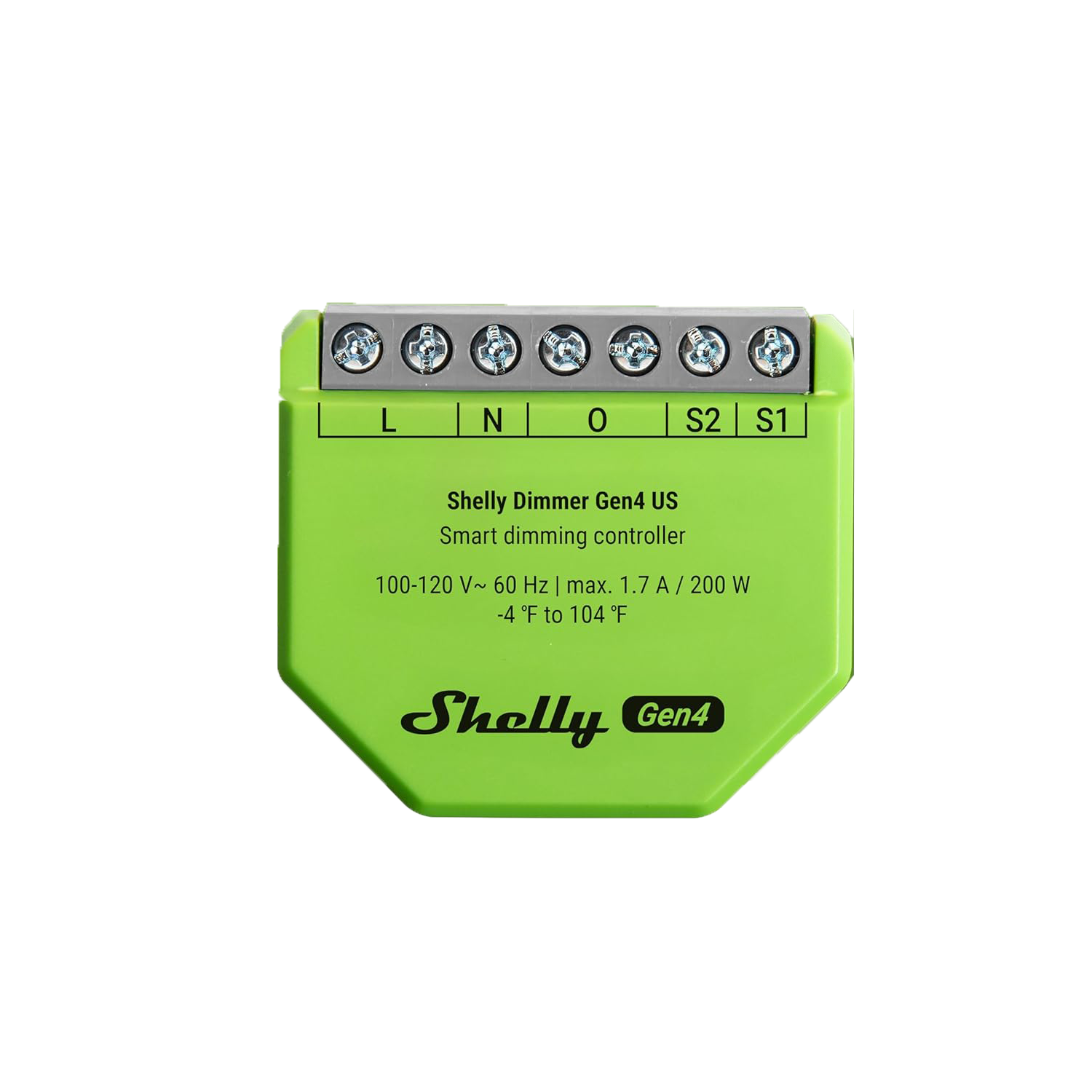 The Shelly USA Shelly Dimmer Gen4 US UL-Certified is a green Matter-certified smart dimmer controller with labeled terminals (L, N, O, S2, S1) and front-printed specs, ideal for smart dimming of electrical devices.
