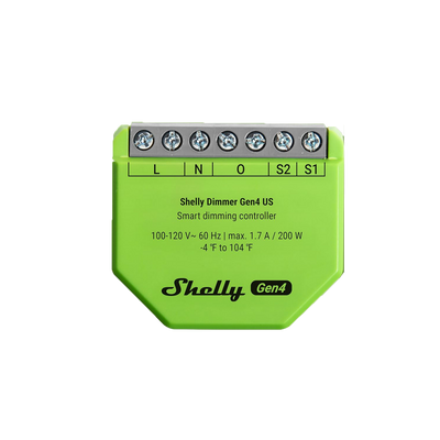 The Shelly USA Shelly Dimmer Gen4 US UL-Certified is a green Matter-certified smart dimmer controller with labeled terminals (L, N, O, S2, S1) and front-printed specs, ideal for smart dimming of electrical devices.