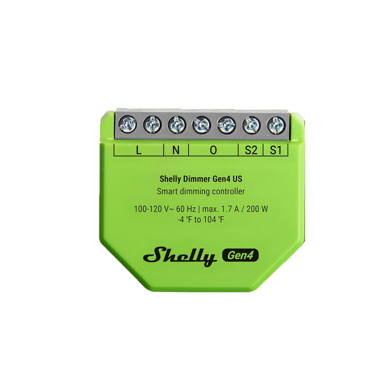 The Shelly USA Shelly Dimmer Gen4 US UL-Certified is a green Matter-certified smart dimmer controller with labeled terminals (L, N, O, S2, S1) and front-printed specs, ideal for smart dimming of electrical devices.