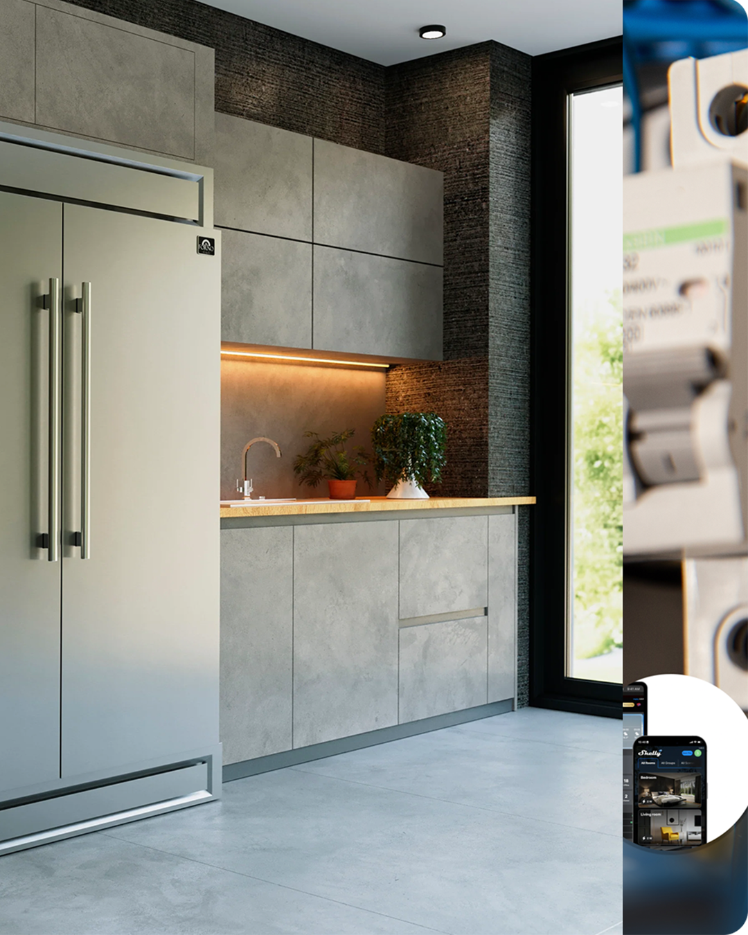 Modern kitchen with sleek gray cabinets, built-in double-door fridge, under-cabinet lighting, potted plant on the countertop, and large window; a blurred close-up of an electrical device overlaps on the right.