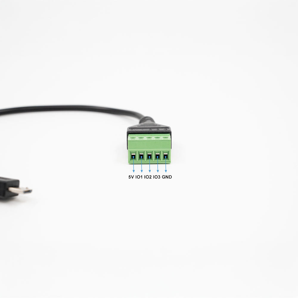 Shelly 5-Terminal Add-on showing 5V, IO1, IO2, IO3 and GND terminals