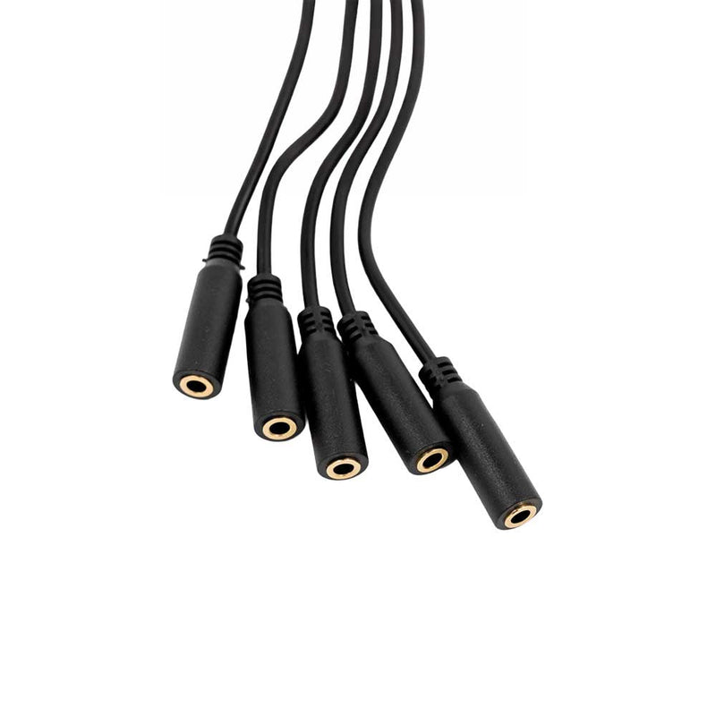 Five Shelly USA Splitter 1 to 5-3.5 mm Jack (Shelly Pill) cables with black female jacks are bundled together and fanned out against a white background.