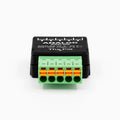 A compact black and green Shelly USA Analog 0–30V Add-on (Shelly Pill) electronic module with six orange and green terminal connectors for analog signal input or output.