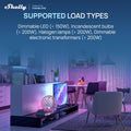 A modern living room with purple and blue lighting showcases the text: Shelly. The Shelly USA Dimmer Gen4 US UL-Certified, Matter-certified, enables retrofit smart dimming for LED (<150W), Incandescent/halogen lamps (<200W).