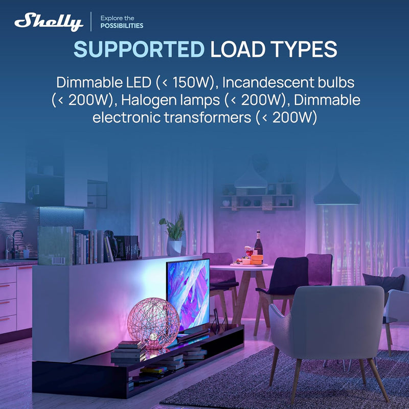 A modern living room with purple and blue lighting showcases the text: Shelly. The Shelly USA Dimmer Gen4 US UL-Certified, Matter-certified, enables retrofit smart dimming for LED (<150W), Incandescent/halogen lamps (<200W).