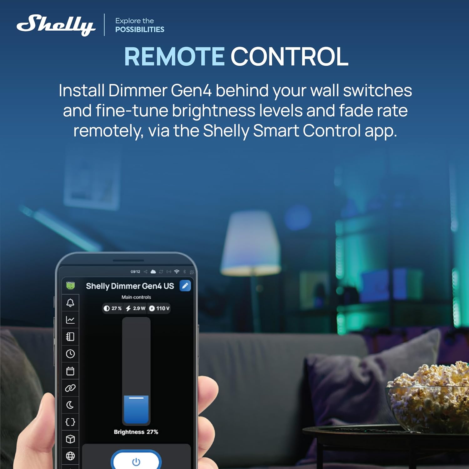 A hand holds a smartphone with the Shelly USA app, adjusting the brightness of the Shelly Dimmer Gen4 US UL-Certified smart dimmer. A modern living room with a sofa and pillows is in the background, alongside product and app details.