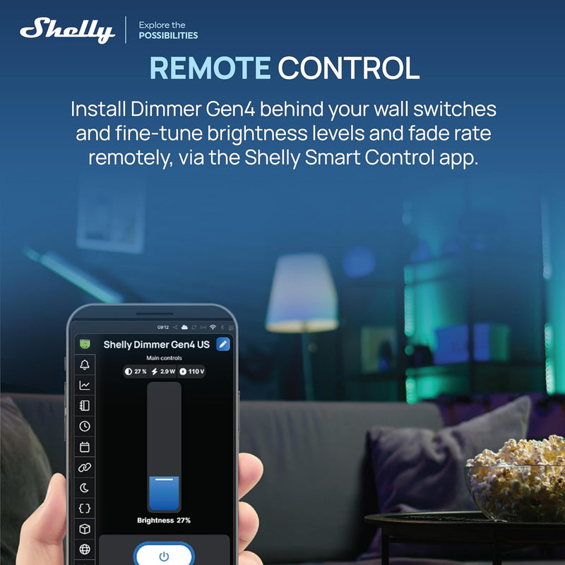 A hand holds a smartphone with the Shelly USA app, adjusting the brightness of the Shelly Dimmer Gen4 US UL-Certified smart dimmer. A modern living room with a sofa and pillows is in the background, alongside product and app details.