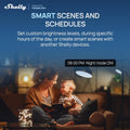 A mother and child read on the couch with their dog, illuminated by warm light. Shelly USA's UL-certified Dimmer Gen4 enables smart scenes, schedules, and Matter support—night mode activates at 8:00 PM for perfect brightness control.