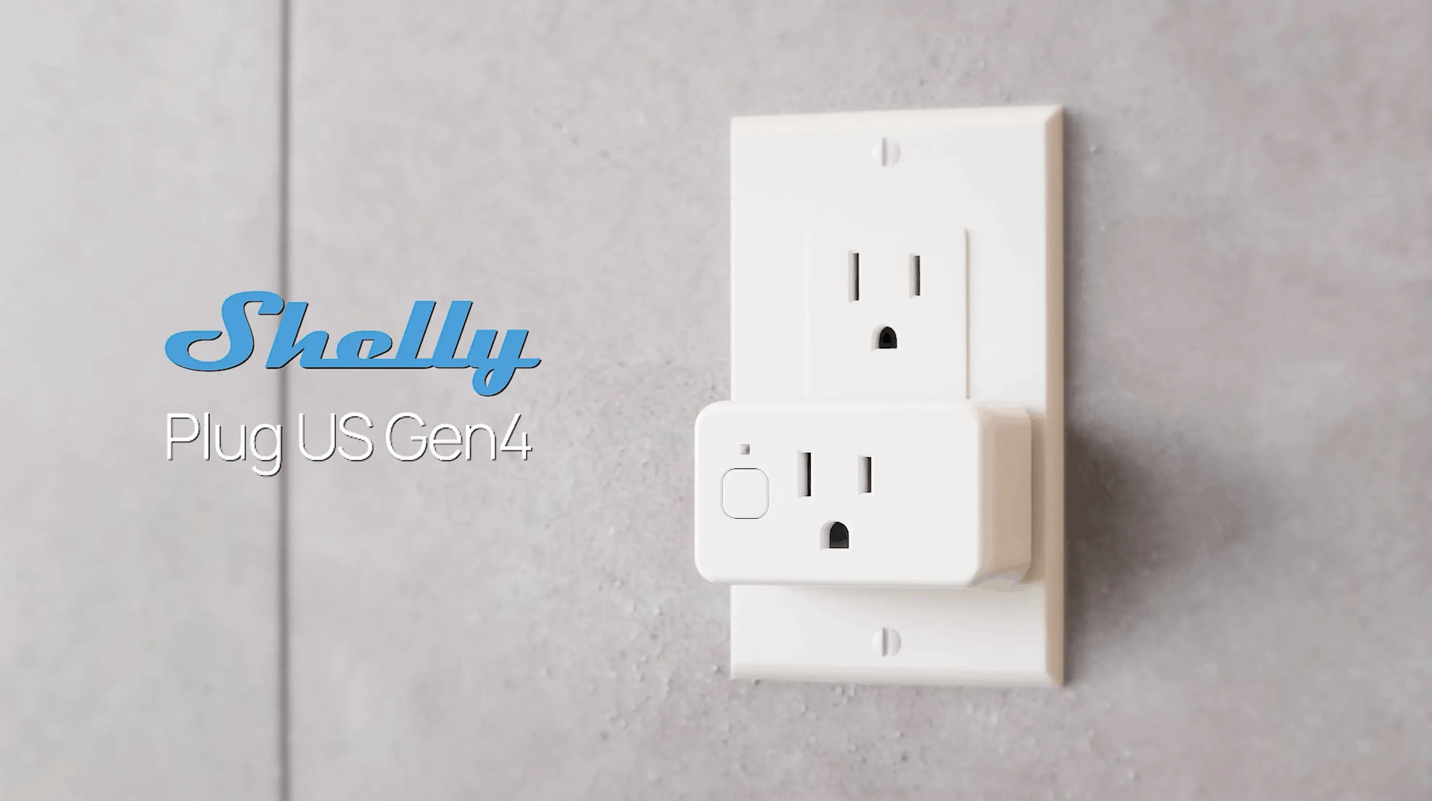 A white smart plug labeled Shelly Plug US Gen4 is plugged into the bottom socket of a white electrical outlet on a light gray wall. The Shelly Plug US Gen4 text appears on the left side of the image.