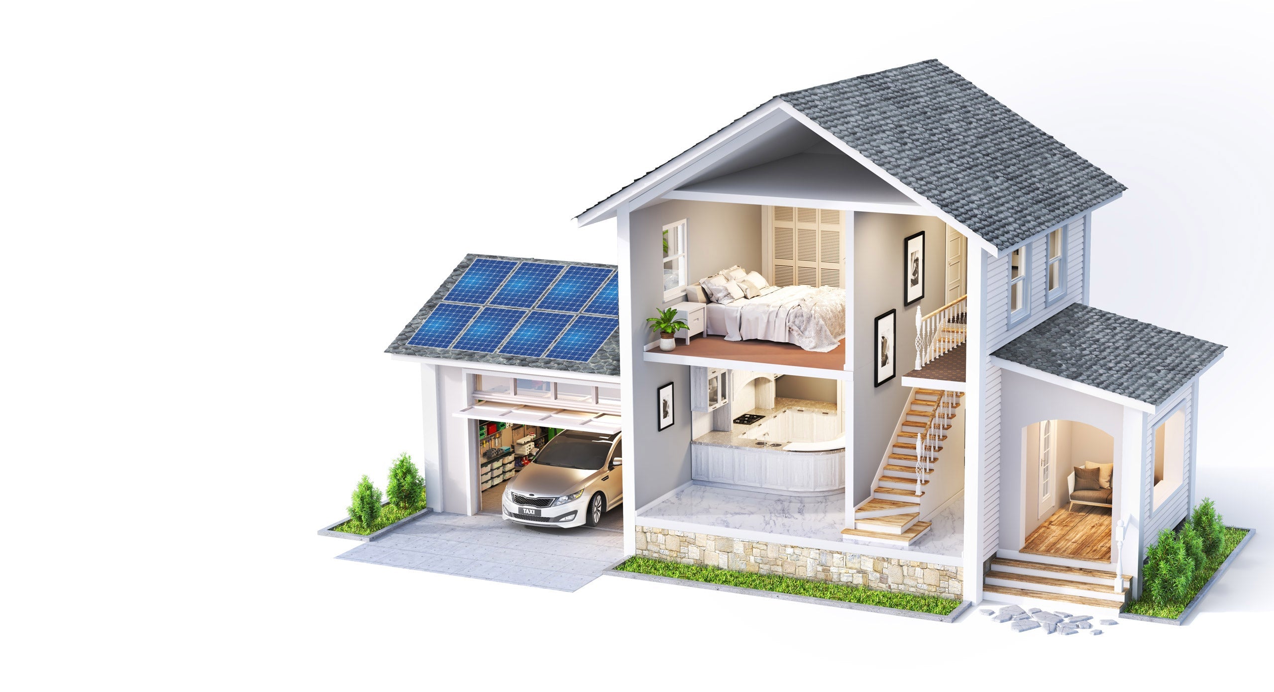 A cutaway view of a modern house with solar panels on the garage roof, a car parked inside, and visible furnished rooms including a bedroom, bathroom, living room, and stairs.