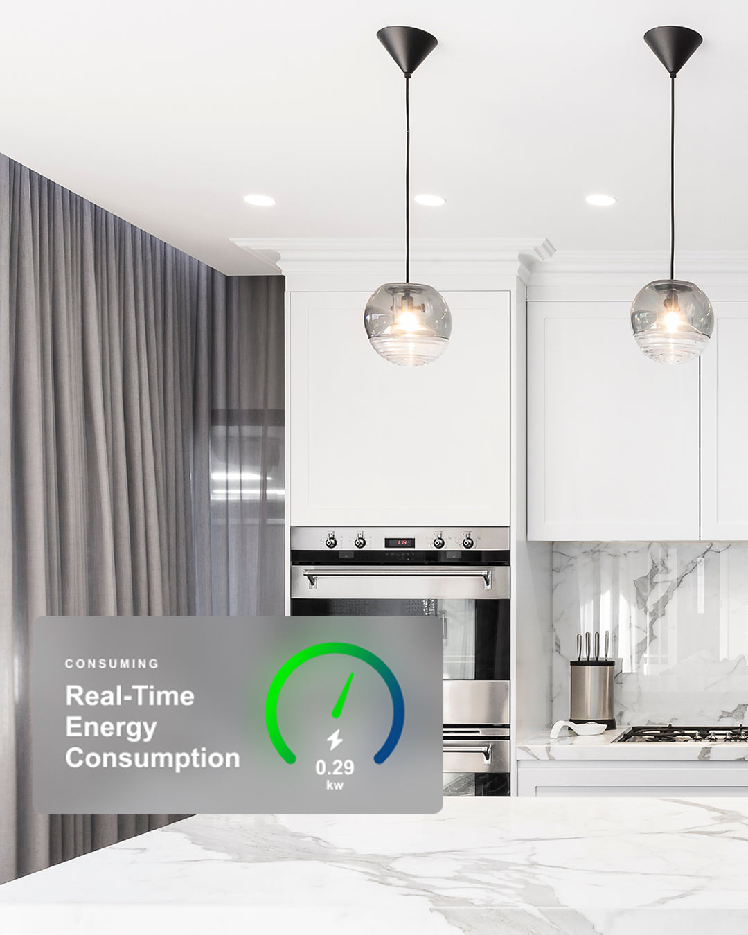 A modern white kitchen with marble countertops, pendant lights, and built-in ovens. A digital overlay shows real-time energy consumption at 0.29 kW, with a green gauge indicating efficient usage.